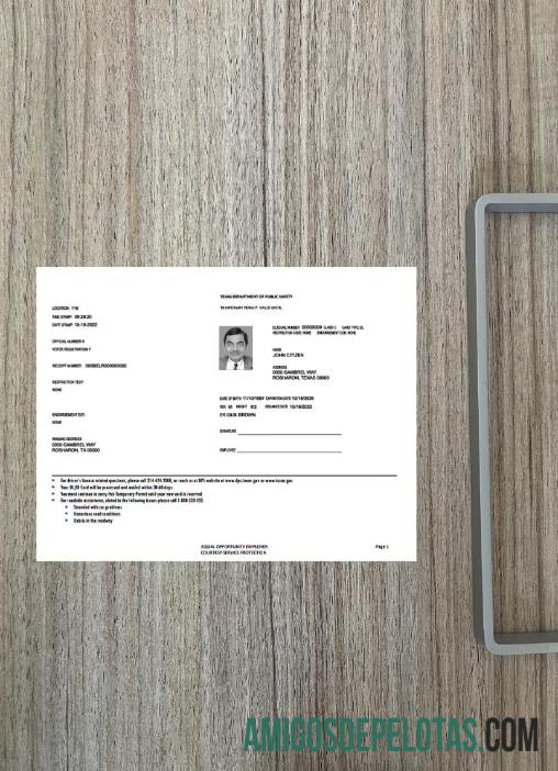 Carteira de habilitação dos EUA no Texas, autorização temporária Photolook exemplo